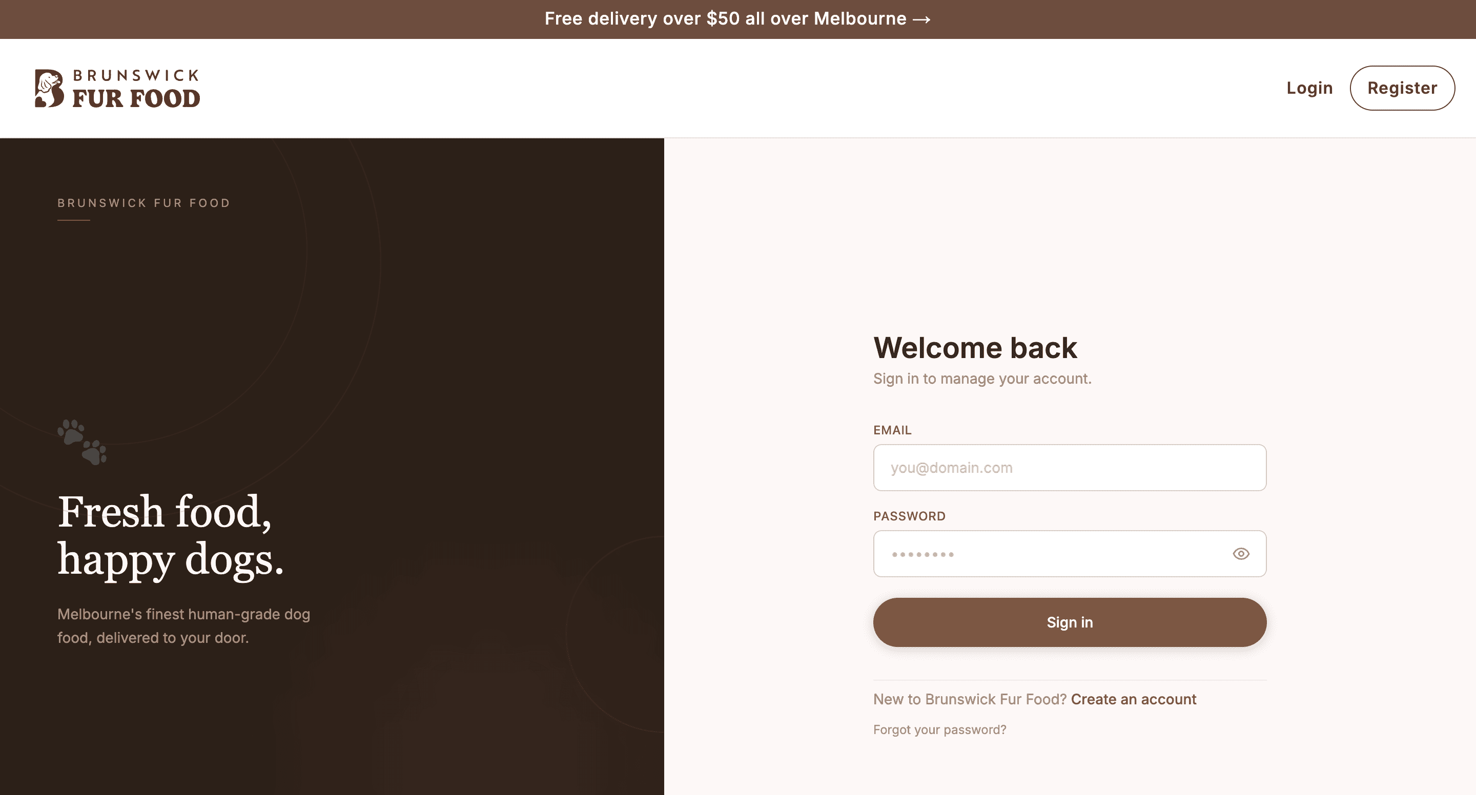 Screenshot of Brunswick Fur Food – Headless Shopify Storefront